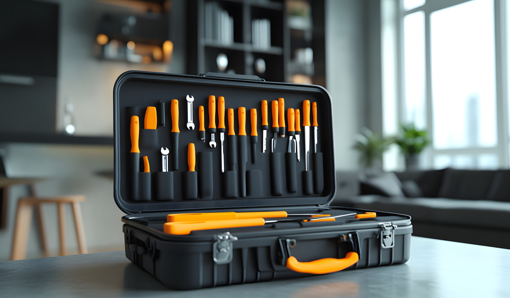 La infantable caja de herramientas black plastic tool case with orange tools on a gray table in a modern home interior, close up view.